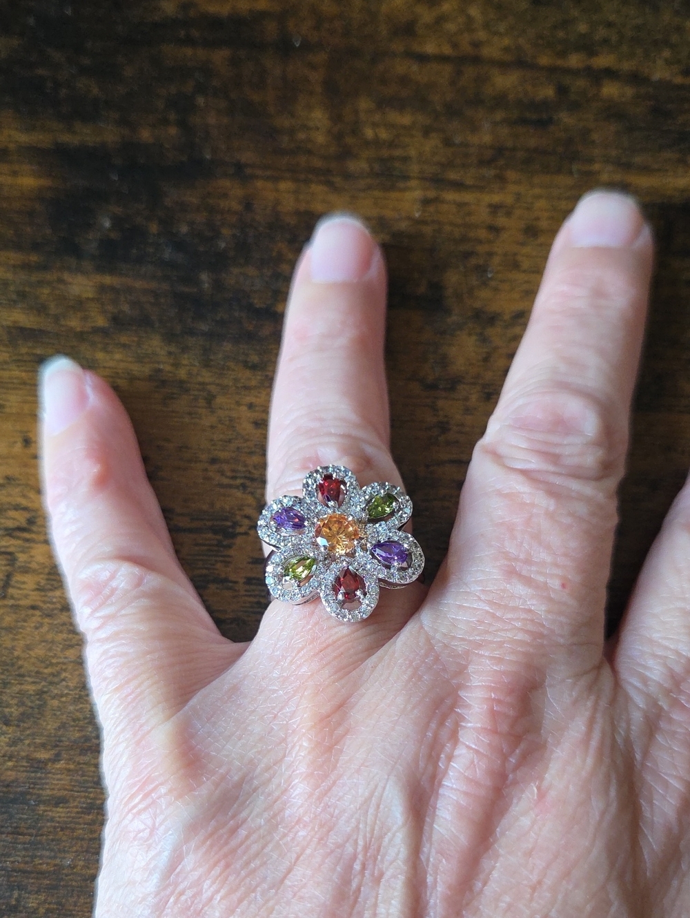 Multicolor Floral Crystal Ring - size 9